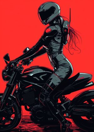 Swordstorm Biker: Cyberpunk Motorcycle Art Print - Premium Wooden Framed Poster. Ready to Hang.