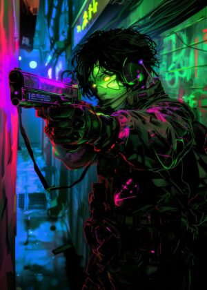 Neon Cyberpunk Freedom Fighter - Premium Wooden Framed Poster. Ready to Hang.