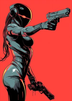 Cyberpunk Femme Fatale: Swordstorm Gunner Art Print - Premium Wooden Framed Poster. Ready to Hang.