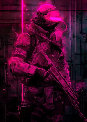 Neon Cyberpunk Soldier: Digital Art Print - Premium Wooden Framed Poster. Ready to Hang.
