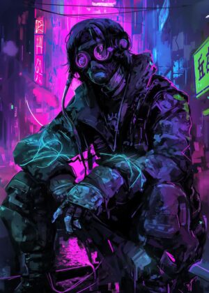 Cyberpunk Freedom Fighter: Neon City Nights - Premium Wooden Framed Poster. Ready to Hang.
