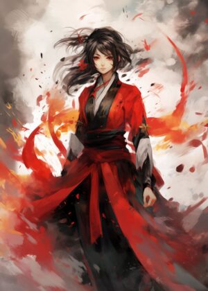 Fiery Anime Girl: A Blood Red Ninja Artwork - Premium Wooden Framed Poster. Ready to Hang.