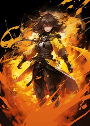 Fiery Anime Ninja Girl Art Print - Premium Wooden Framed Poster. Ready to Hang.