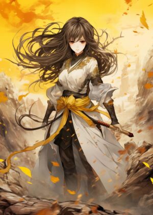 Anime Girl Yellow Ninja: Autumn Warrior - Premium Wooden Framed Poster. Ready to Hang.