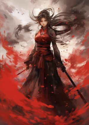 Crimson Fury: Anime Girl Warrior Artwork - Premium Wooden Framed Poster. Ready to Hang.
