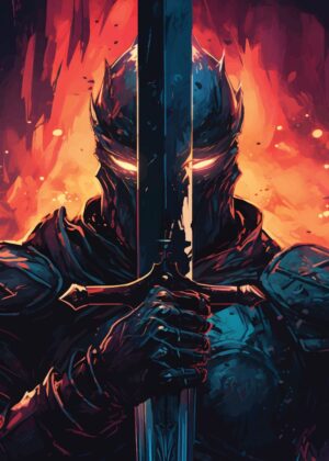 Gust Berserk: Dark Knight in Fiery Inferno - Premium Wooden Framed Poster. Ready to Hang.