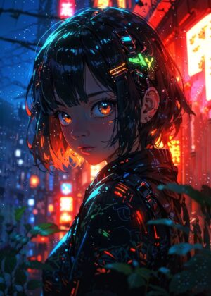 Cyberpunk Anime Girl with Big Eyes - Premium Wooden Framed Poster. Ready to Hang.