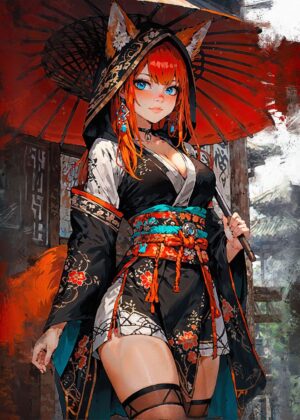 Enchanting Fox Girl with Blue Eyes: Anime Art Print - Premium Wooden Framed Poster. Ready to Hang.