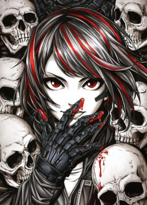 Cyberpunk Girl Amidst Skulls: Dark Fantasy Art Print - Premium Wooden Framed Poster. Ready to Hang.