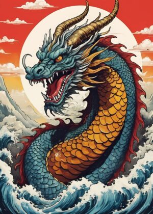 Japanese Dragon Art Print: Majestic Water Dragon - Premium Wooden Framed Poster. Ready to Hang.