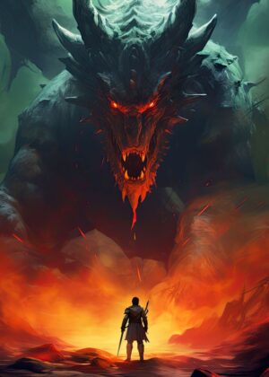Man vs. Dragon: A Fiery Confrontation - Premium Wooden Framed Poster. Ready to Hang.