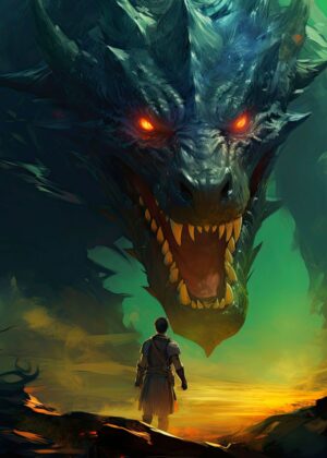 Confrontation: Man vs. Dragon - Premium Wooden Framed Poster. Ready to Hang.