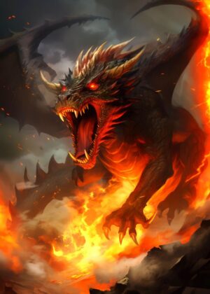 Fiery Dragon Artwork: Digital Fantasy Art Print - Premium Wooden Framed Poster. Ready to Hang.
