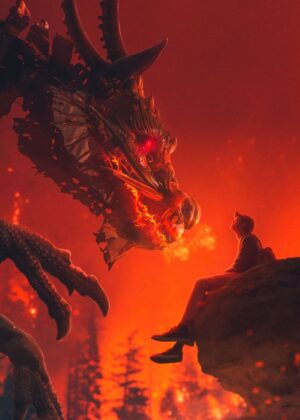 Dragon and Man in a Fiery Landscape - Premium Wooden Framed Poster. Ready to Hang.