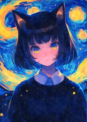 Starry Night Nekomimi: Anime Girl Art Print - Premium Wooden Framed Poster. Ready to Hang.