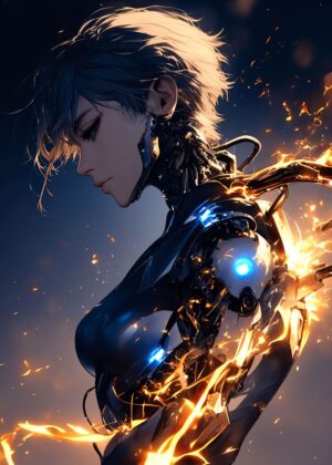 Cyberpunk Female Warrior: Digital Art Print - Premium Wooden Framed Poster. Ready to Hang.