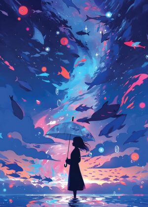 Anime Girl Under a Starry Sky with Fish - Premium Wooden Framed Poster. Ready to Hang.