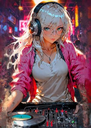 Anime DJ Girl: Vibrant Cyberpunk Art Print - Premium Wooden Framed Poster. Ready to Hang.