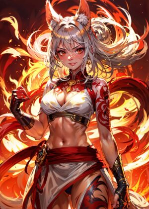 Fiery Kitsune: Digital Art Print of a Powerful Female Warrior - Premium Wooden Framed Poster. Ready to Hang.