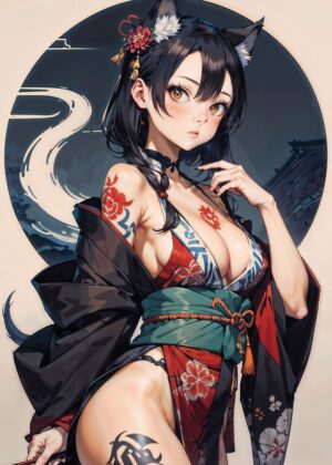 Epic Japanese Kitsune Girl Art Print - Premium Wooden Framed Poster. Ready to Hang.