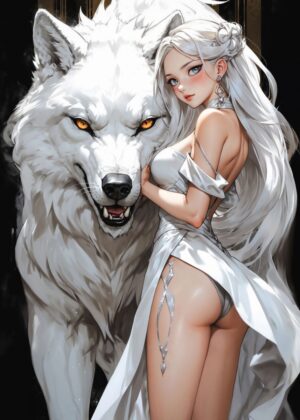 Sexy and Wild Wolf Girl Art Print - Premium Wooden Framed Poster. Ready to Hang.