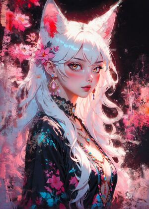 Fox Eared Goddess: Fantasy Art Print - Premium Wooden Framed Poster. Ready to Hang.