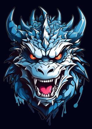 Fierce Blue Dragon Head Artwork - Premium Wooden Framed Poster. Ready to Hang.