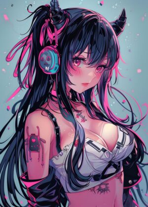 Red Horn Anime Girl Art Print - Premium Wooden Framed Poster. Ready to Hang.