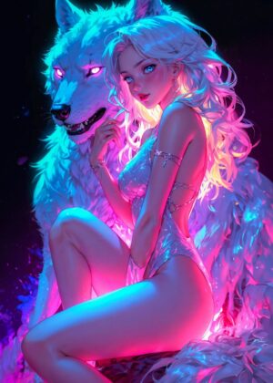 Neon Wolf Woman: A Cyberpunk Fantasy Art Print - Premium Wooden Framed Poster. Ready to Hang.