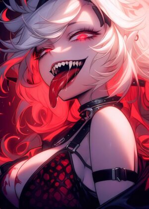 Crimson Demoness: Fiery Anime Art Print - Premium Wooden Framed Poster. Ready to Hang.