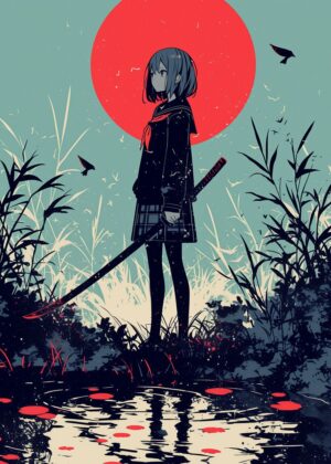 Crimson Moon Samurai Girl: Anime Art Print - Premium Wooden Framed Poster. Ready to Hang.