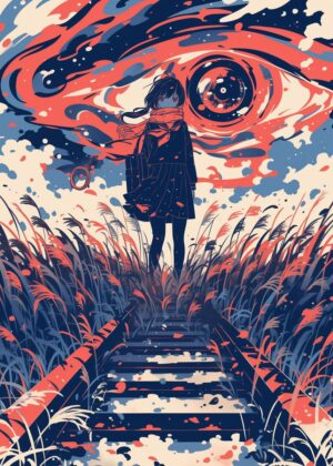 Anime Girl Facing Giant Eye Artwork: Surreal, Emotional, and Evocative - Premium Wooden Framed Poster. Ready to Hang.