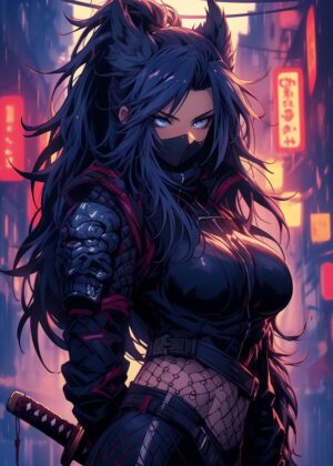 Cyberpunk Ninja Fox Girl Art Print - Premium Wooden Framed Poster. Ready to Hang.