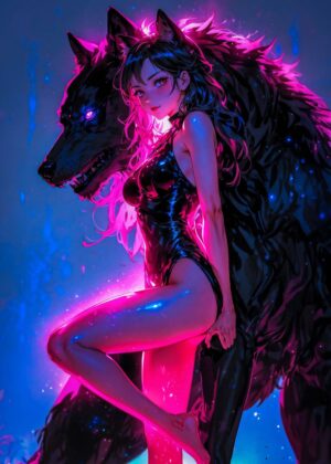 Anime Girl and Wolf: Neon Dreams - Premium Wooden Framed Poster. Ready to Hang.