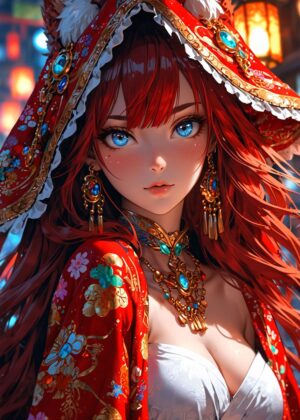 Stunning Anime Girl in Red: Digital Art Print - Premium Wooden Framed Poster. Ready to Hang.