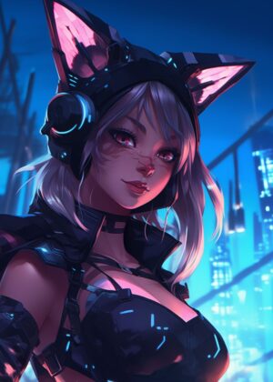 Cyberpunk Anime Girl Art Print - Premium Wooden Framed Poster. Ready to Hang.