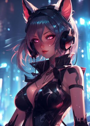 Cyberpunk Anime Girl with Cat Ears - Premium Wooden Framed Poster. Ready to Hang.
