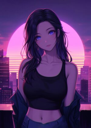 Anime Girl in Neon Cityscape - Premium Wooden Framed Poster. Ready to Hang.