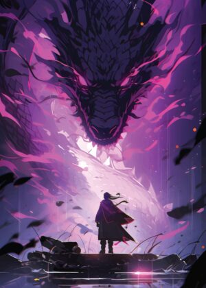 Demon Girl Facing Majestic Dragon: Fantasy Art Print - Premium Wooden Framed Poster. Ready to Hang.