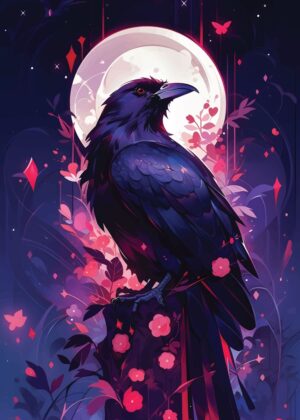 Mystical Crow Under the Moonlight - Premium Wooden Framed Poster. Ready to Hang.