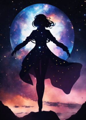 Cosmic Silhouette: A Woman Embraces the Stars - Premium Wooden Framed Poster. Ready to Hang.