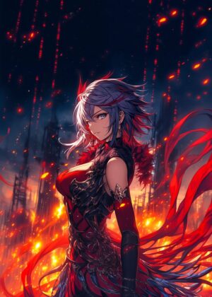 Fiery Anime Goddess Art Print - Premium Wooden Framed Poster. Ready to Hang.