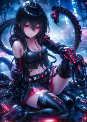Cyberpunk Anime Girl: Sci-Fi Art Print - Premium Wooden Framed Poster. Ready to Hang.