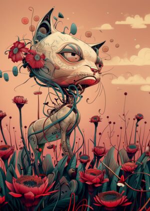 Bloomy Robotic Cat Art Print - Premium Wooden Framed Poster. Ready to Hang.