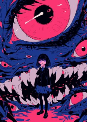 Abnormal Core: A Digital Art Print Featuring a Mysterious Girl and a Monstrous Entity - Premium Wooden Framed Poster. Ready to Hang.