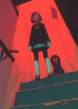 Crimson Staircase: A Girl and Her Shadow - Premium Wooden Framed Poster. Ready to Hang.