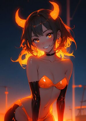 Fiery Anime Devil Girl Art Print - Premium Wooden Framed Poster. Ready to Hang.