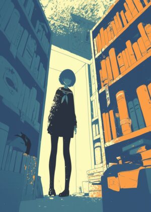 Lost in Literature: A Girl's Journey Through Books - Premium Wooden Framed Poster. Ready to Hang.