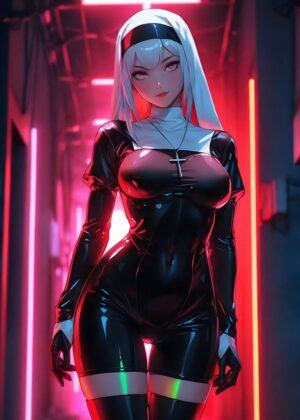 Cyberpunk Nun: Digital Art Print - Premium Wooden Framed Poster. Ready to Hang.