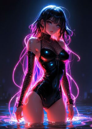 Neon Glowing Anime Babe Artwork - Premium Wooden Framed Poster. Ready to Hang.